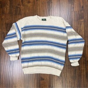 VINTAGE JANTZEN Mens Sweater Striped Crewneck Blue Beige Cream Size Large